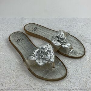 Stuart Weitzman Sandals Silver Clear Jelly Rose Accents thong toe Size 8 Slip on